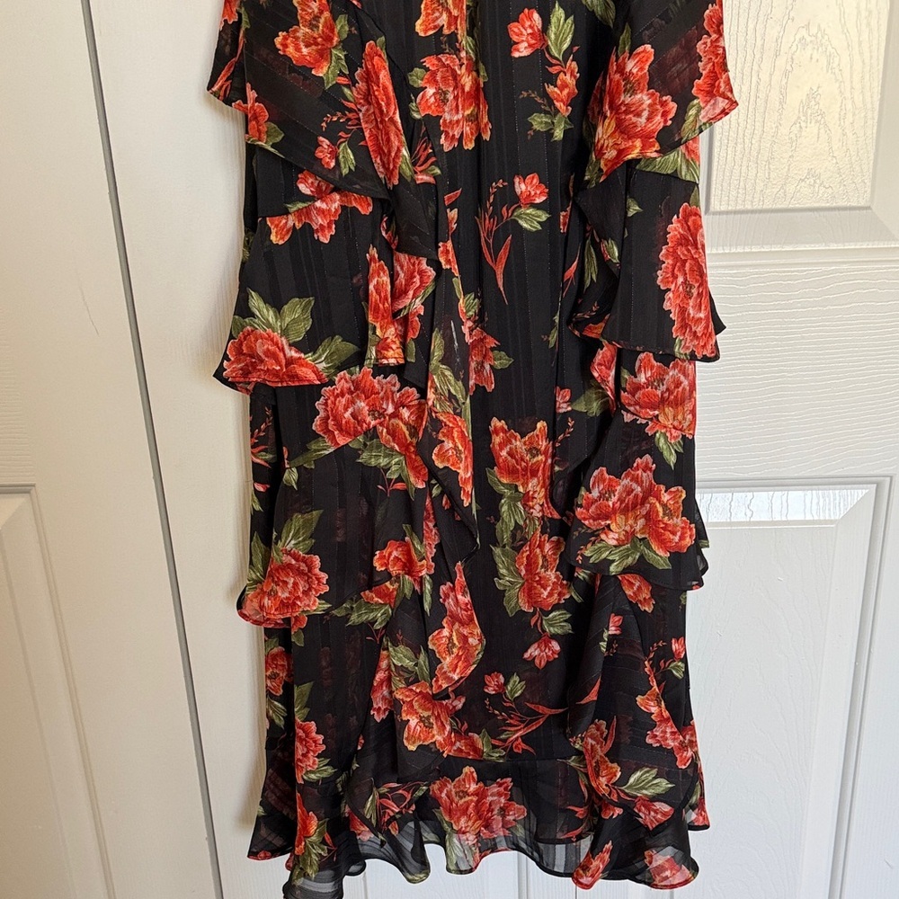 Black Floral Maxi Dress Smocked Waist Ruffle Romantic Wedding Guest Sz 0 - Picture 6 of 10